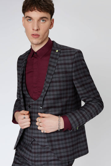 Twisted Tailor Besen Skinny Fit Suit Jacket in Burgundy and Grey Check