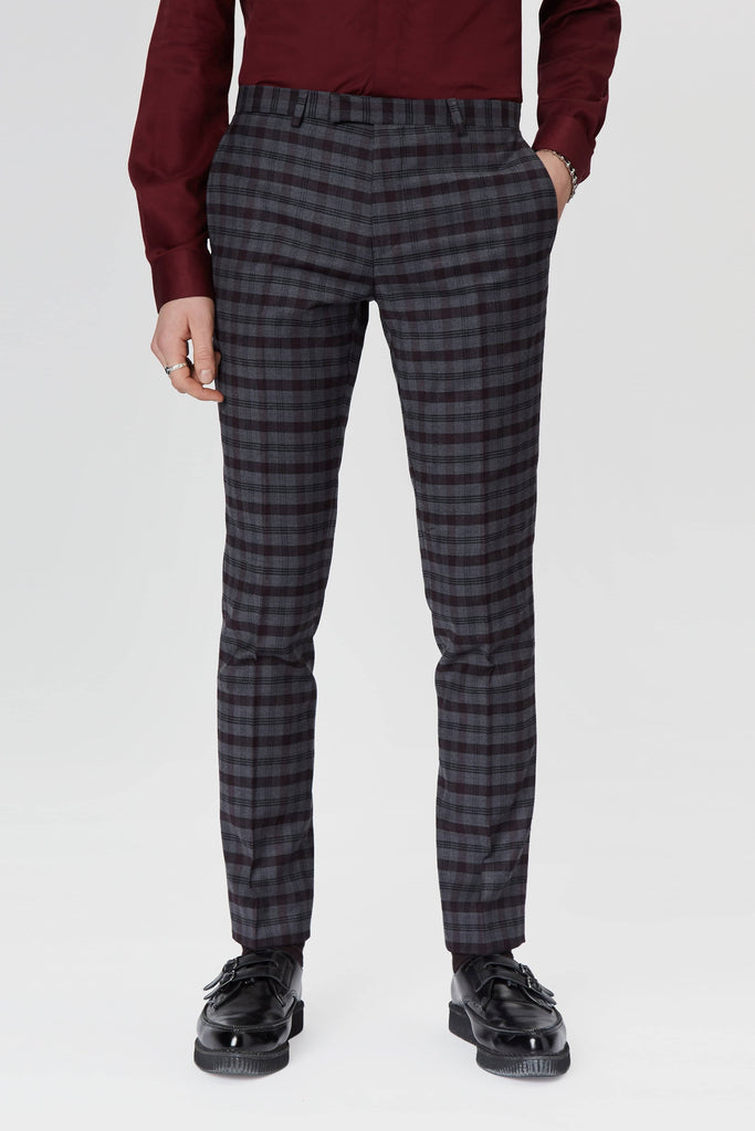 Twisted Tailor Besen Skinny Fit Suit Trouser in Burgundy and Grey Check