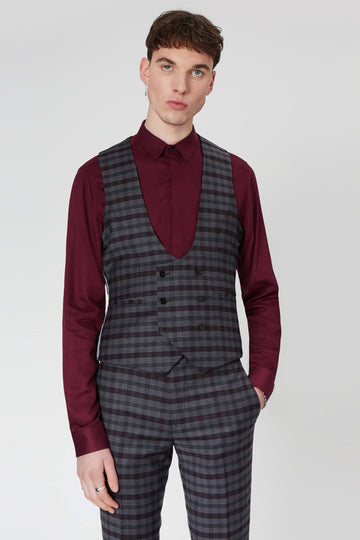 Twisted Tailor Besen Skinny Fit Waistcoat in Burgundy and Grey Check
