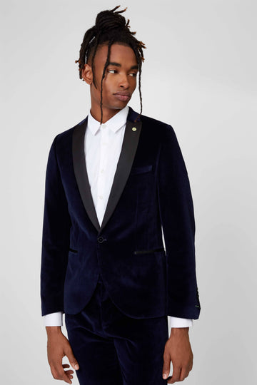 Twisted Tailor Bruno Skinny Fit Navy Velvet Tuxedo Jacket