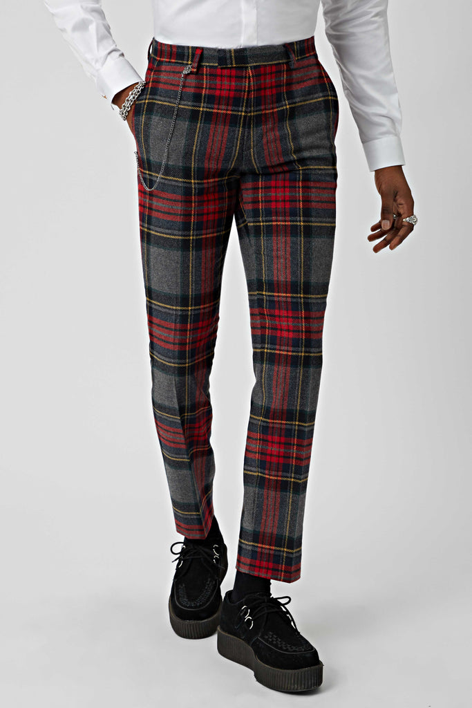 Twisted Tailor Cardosi Grey and Red Tartan Suit Trousers
