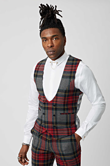 Twisted Tailor Cardosi Grey and Red Tartan Waistcoat