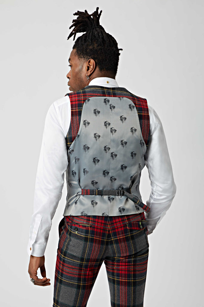 Twisted Tailor Cardosi Grey and Red Tartan Waistcoat