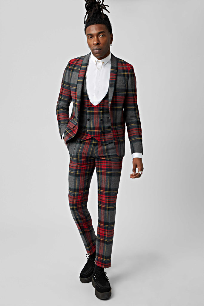 Twisted Tailor Cardosi Grey and Red Tartan Waistcoat