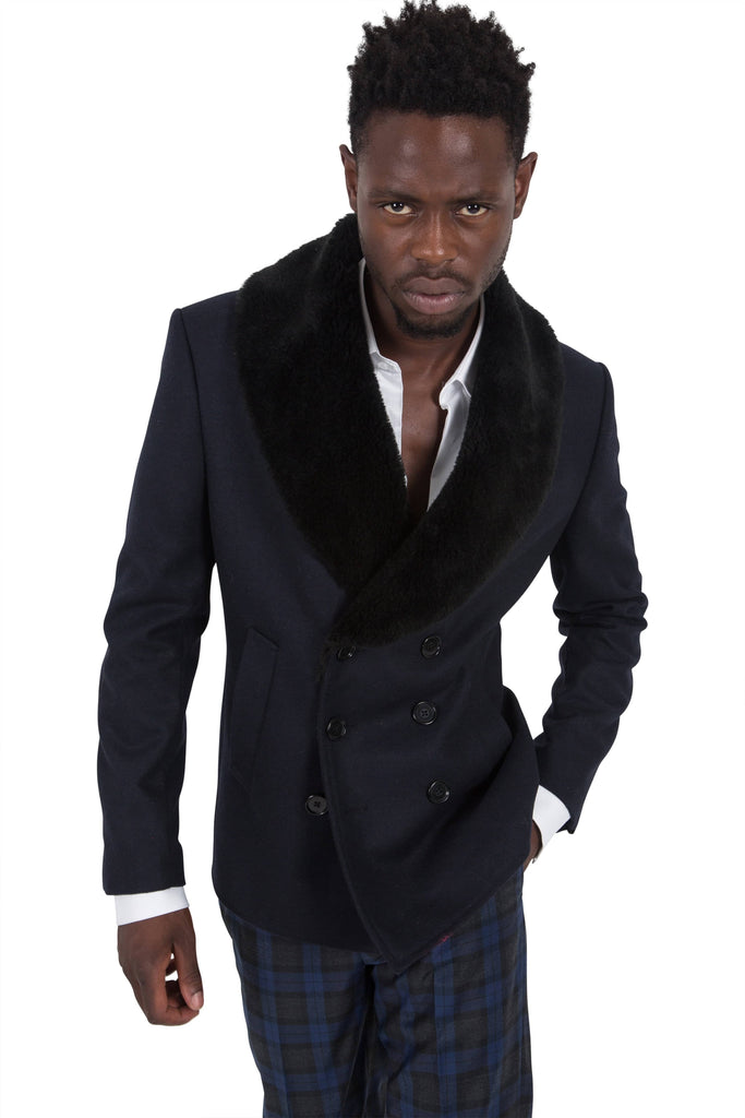 Twisted Tailor Dowland Skinny Fit Pea Coat with Faux Fur Lapels