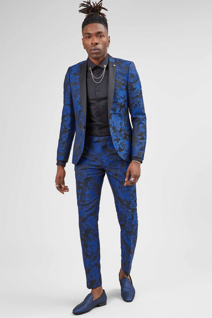 Twisted Tailor Ersat Skinny Fit Blue Floral Tuxedo Trousers