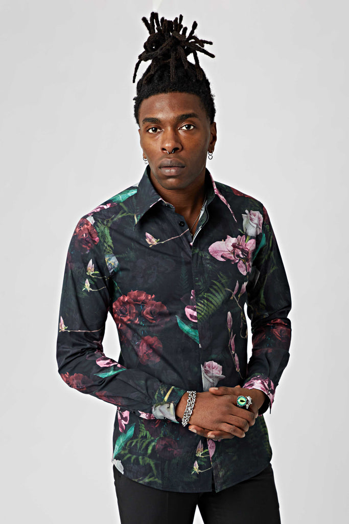 Twisted Tailor Facionne Floral Print Shirt in Black