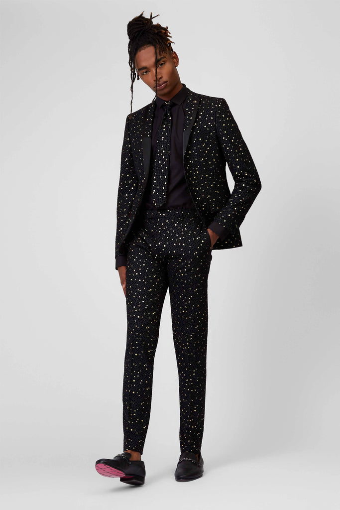 Twisted Tailor Farrow Skinny Fit Black Tuxedo Trouser with Gold Print
