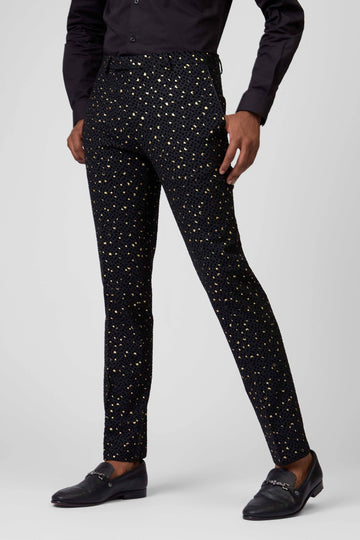 Twisted Tailor Farrow Skinny Fit Black Tuxedo Trouser with Gold Print