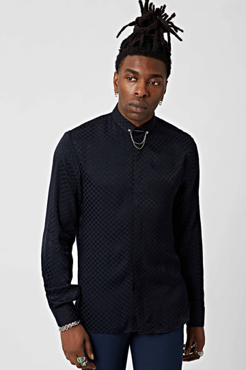 Twisted Tailor Fawcett Navy Polka-Dot Print Shirt with Pin Collar
