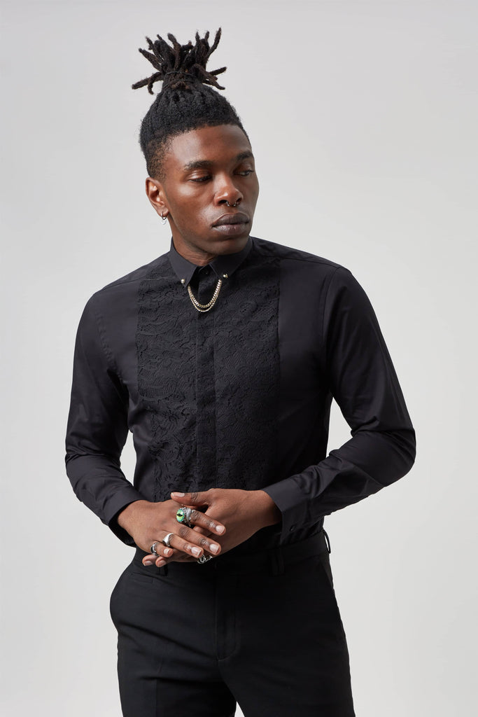 Twisted Tailor Form Black Shirt with Lace Panel and Gold Collar Chain