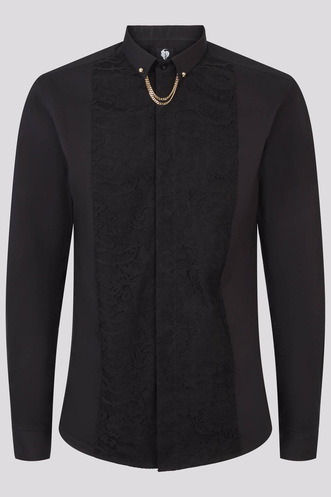 Twisted Tailor Form Black Shirt with Lace Panel and Gold Collar Chain
