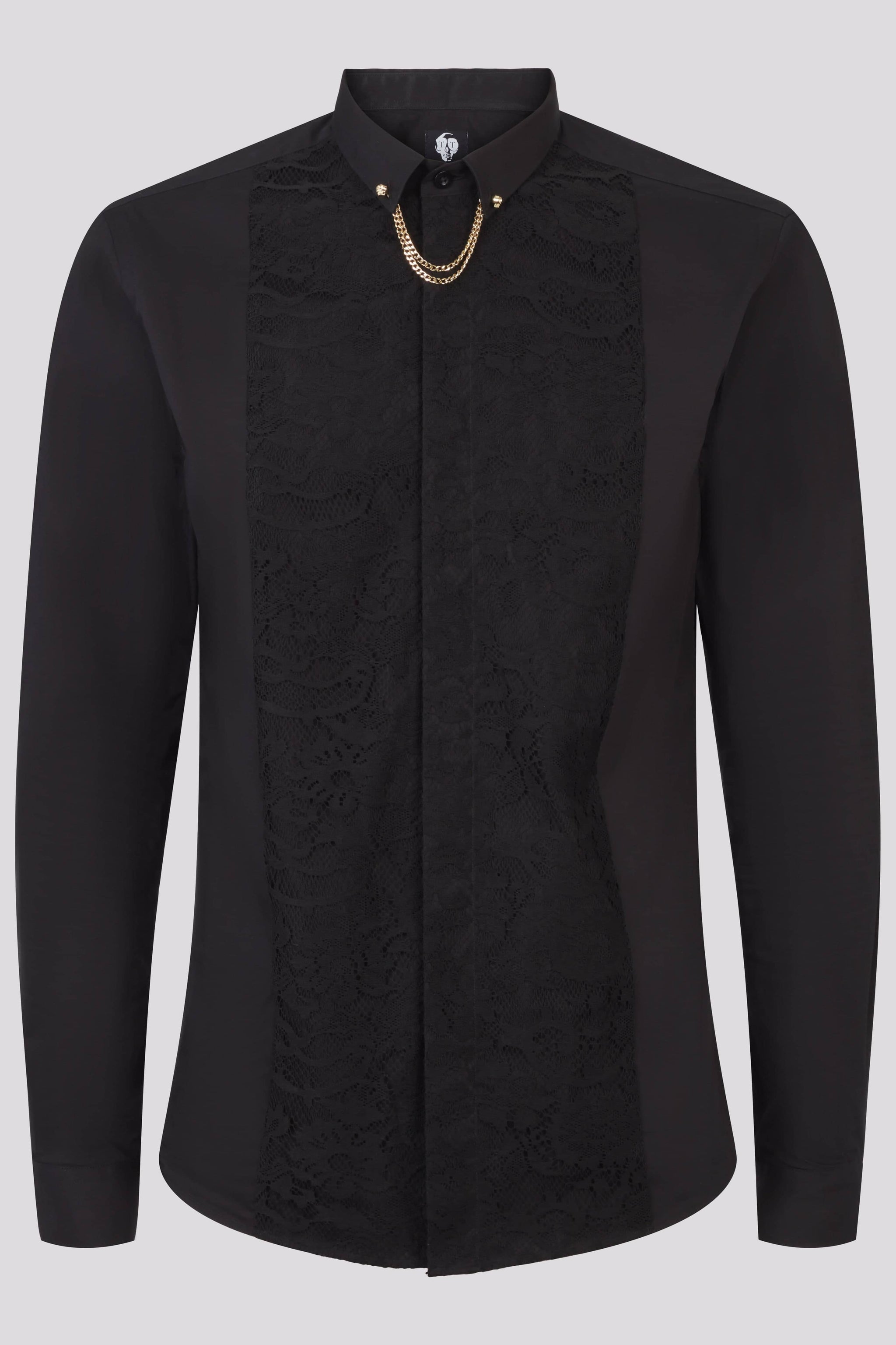 Twisted Tailor Form Black Shirt with Lace Panel and Gold Collar Chain