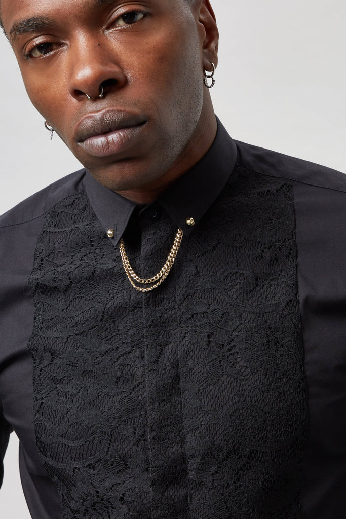 Twisted Tailor Form Black Shirt with Lace Panel and Gold Collar Chain