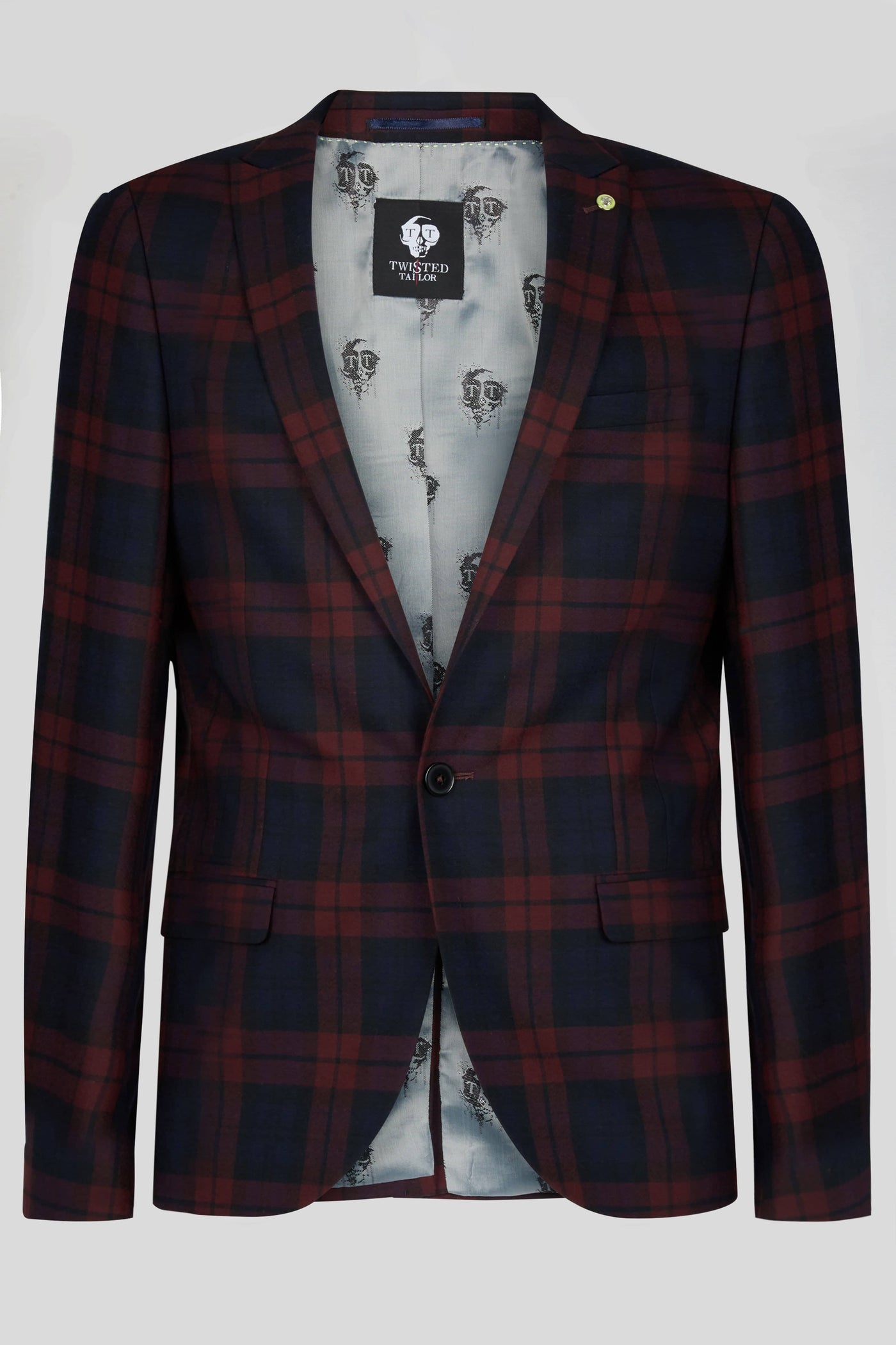 Twisted Tailor Ginger Skinny Fit Jacket in Burgundy Tartan