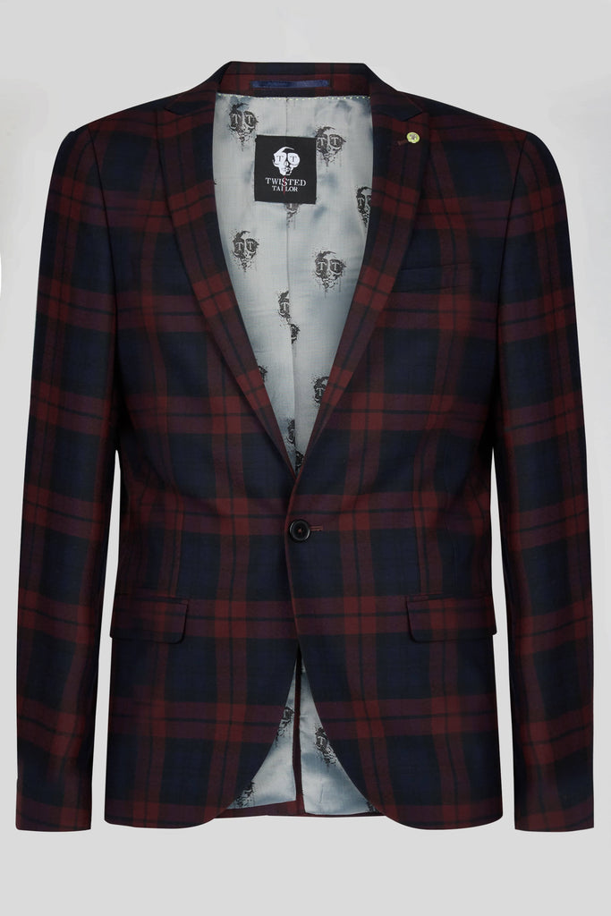 Twisted Tailor Ginger Skinny Fit Jacket in Burgundy Tartan