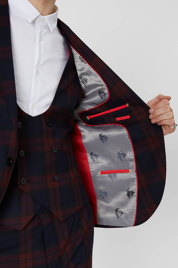 Twisted Tailor Ginger Skinny Fit Jacket in Burgundy Tartan