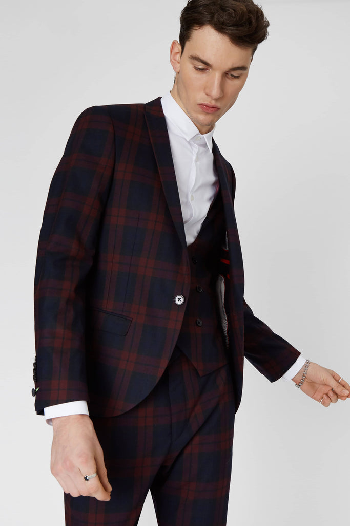 Twisted Tailor Ginger Skinny Fit Jacket in Burgundy Tartan