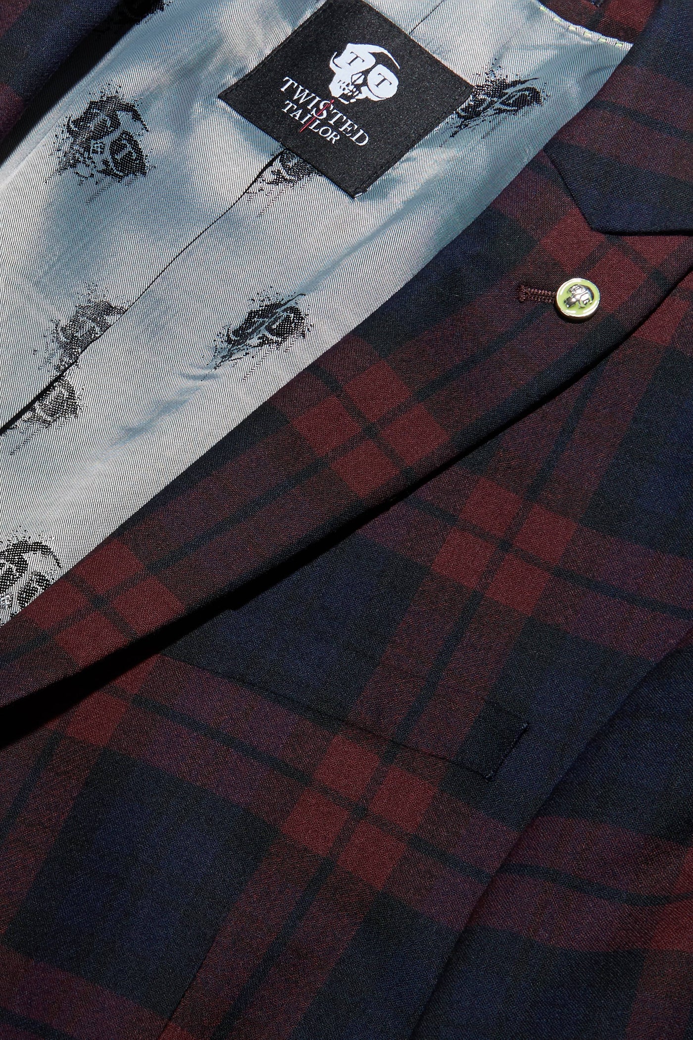 Twisted Tailor Ginger Skinny Fit Jacket in Burgundy Tartan