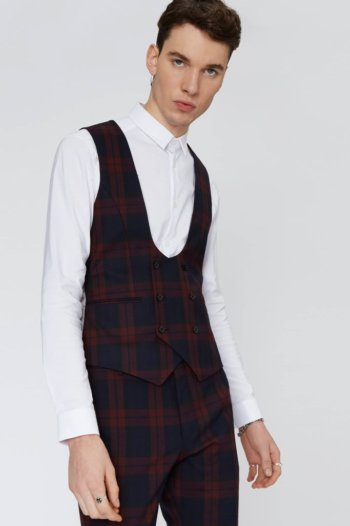 Twisted Tailor Ginger Skinny Fit Waistcoat in Burgundy Tartan