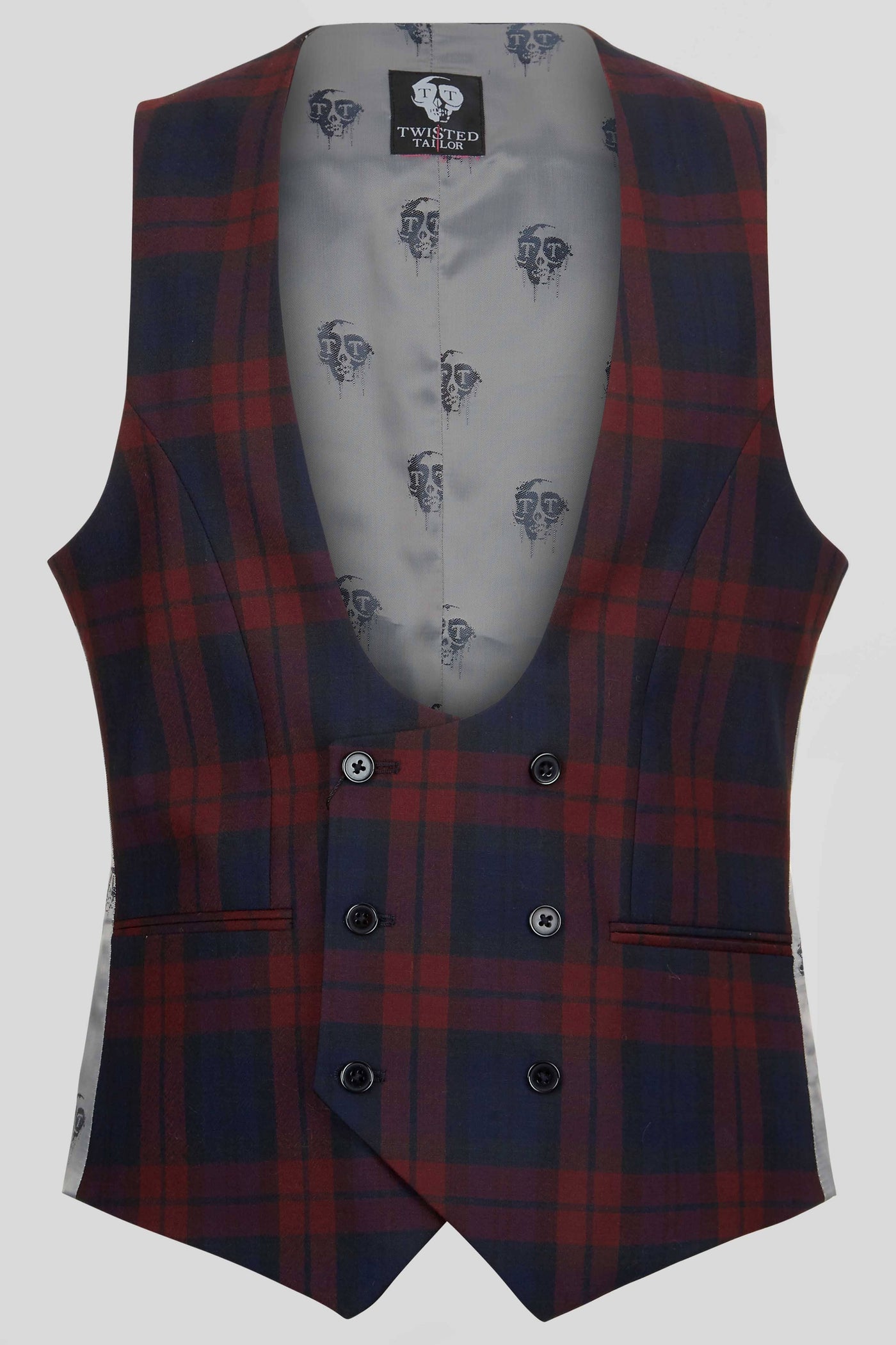 Ginger Skinny Fit Waistcoat in Burgundy Tartan