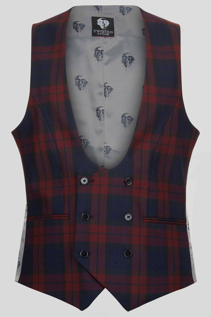 Ginger Skinny Fit Waistcoat in Burgundy Tartan