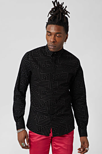 Twisted Tailor Horley Black Shirt with Geometric Flocking