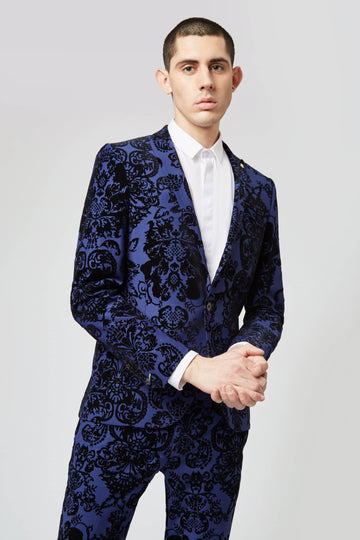 Twisted Tailor Ludwig Skinny Fit Blue Suit Jacket with Baroque Flocking