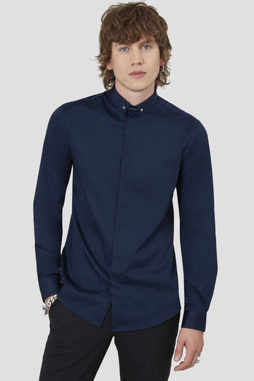 Twisted Tailor Lynton Skinny Fit Navy Shirt with Collar Bar