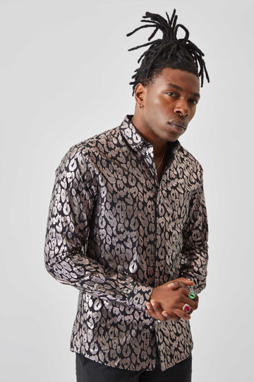 Twisted Tailor Muska Black and Silver Leopard Print Shirt