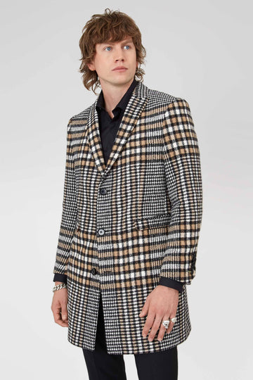 Twisted Tailor Renwick Skinny Fit Tan Check Overcoat