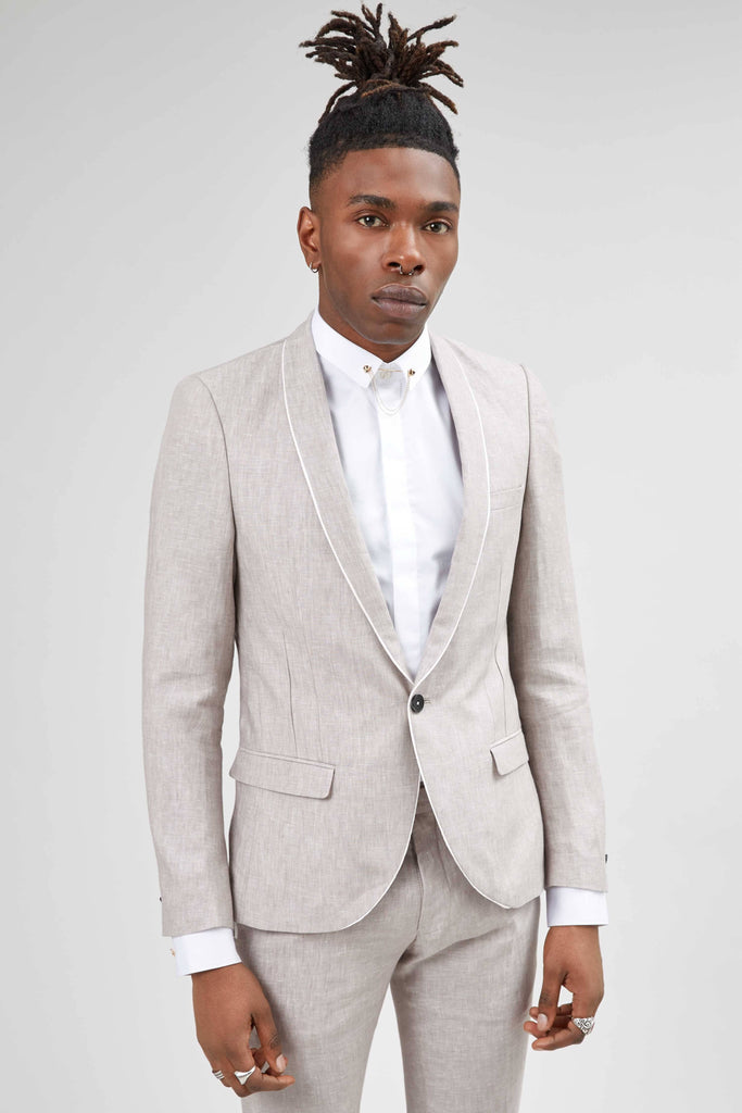 Twisted Tailor Runner Skinny Fit Stone Linen Jacket With Piping
