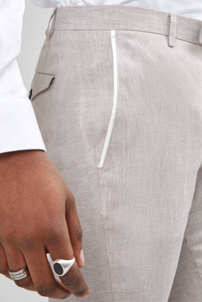 Twisted Tailor Runner Skinny Fit Stone Linen Trouser With Piping