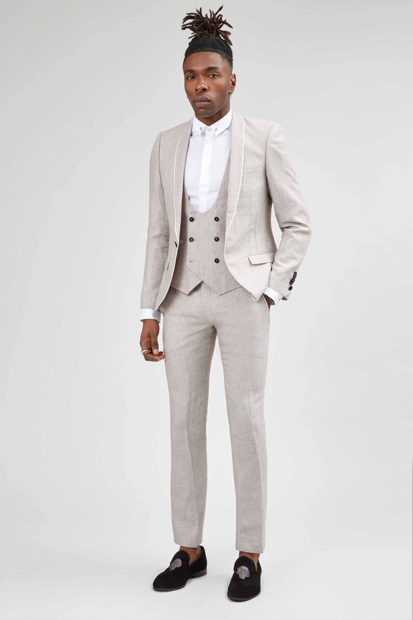 Twisted Tailor Runner Skinny Fit Stone Linen Trouser With Piping