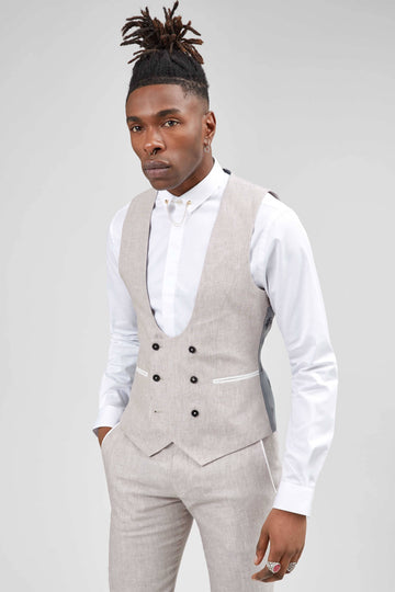 Twisted Tailor Runner Skinny Fit Double Breasted Stone Linen Waistcoat With Piping