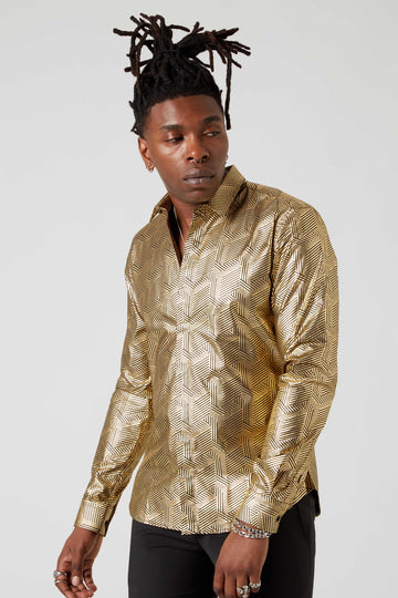 Twisted Tailor Sylvan Black and Gold Shirt in Geo-Print