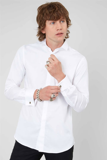 Twisted Tailor Eastwood Skinny Fit White Double Cuff Shirt with Cufflinks
